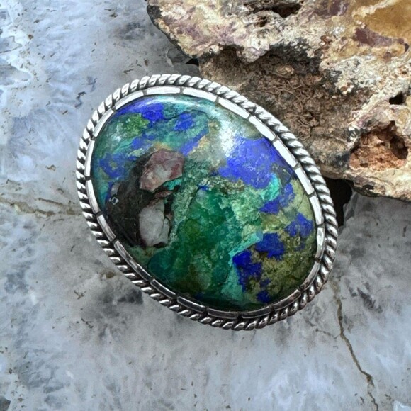 Sterling Silver Southwestern Style Oval Malachite Azurite Ring Sz 7.5 For Women - Picture 1 of 10